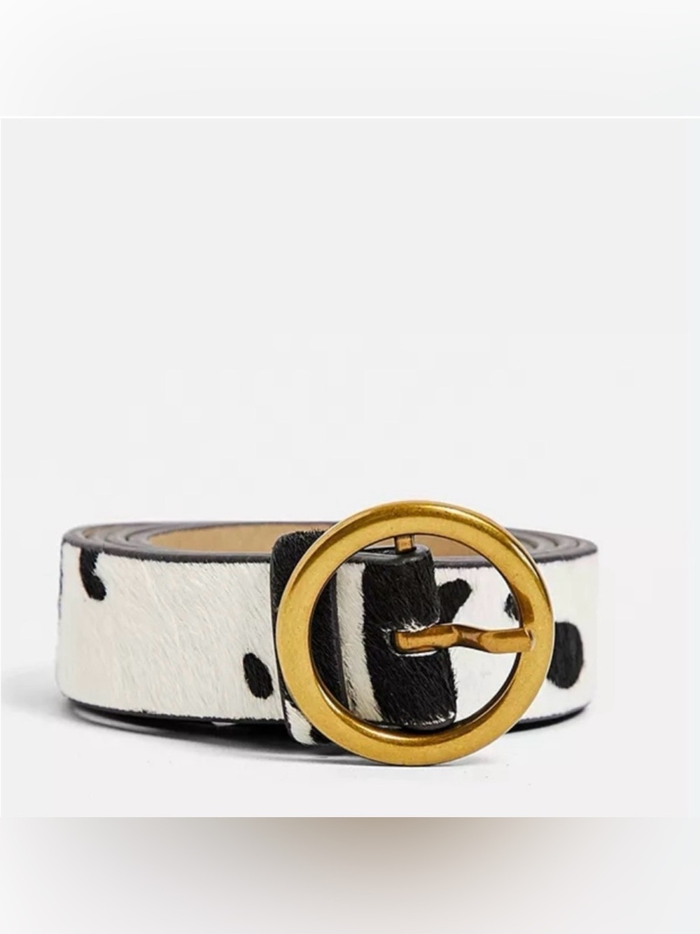 Urban Outfitters Black and White Spotted Cowhide Belt with Gold Round Buckle